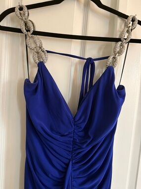 Nicole Bakti Royal Blue Backless Ruched Dress with Crystal Chain Straps